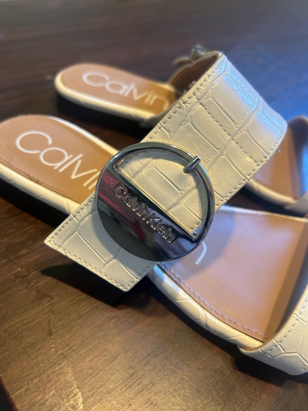 Calvin Klein Cream Croc-Embossed Logo Slide Sandals